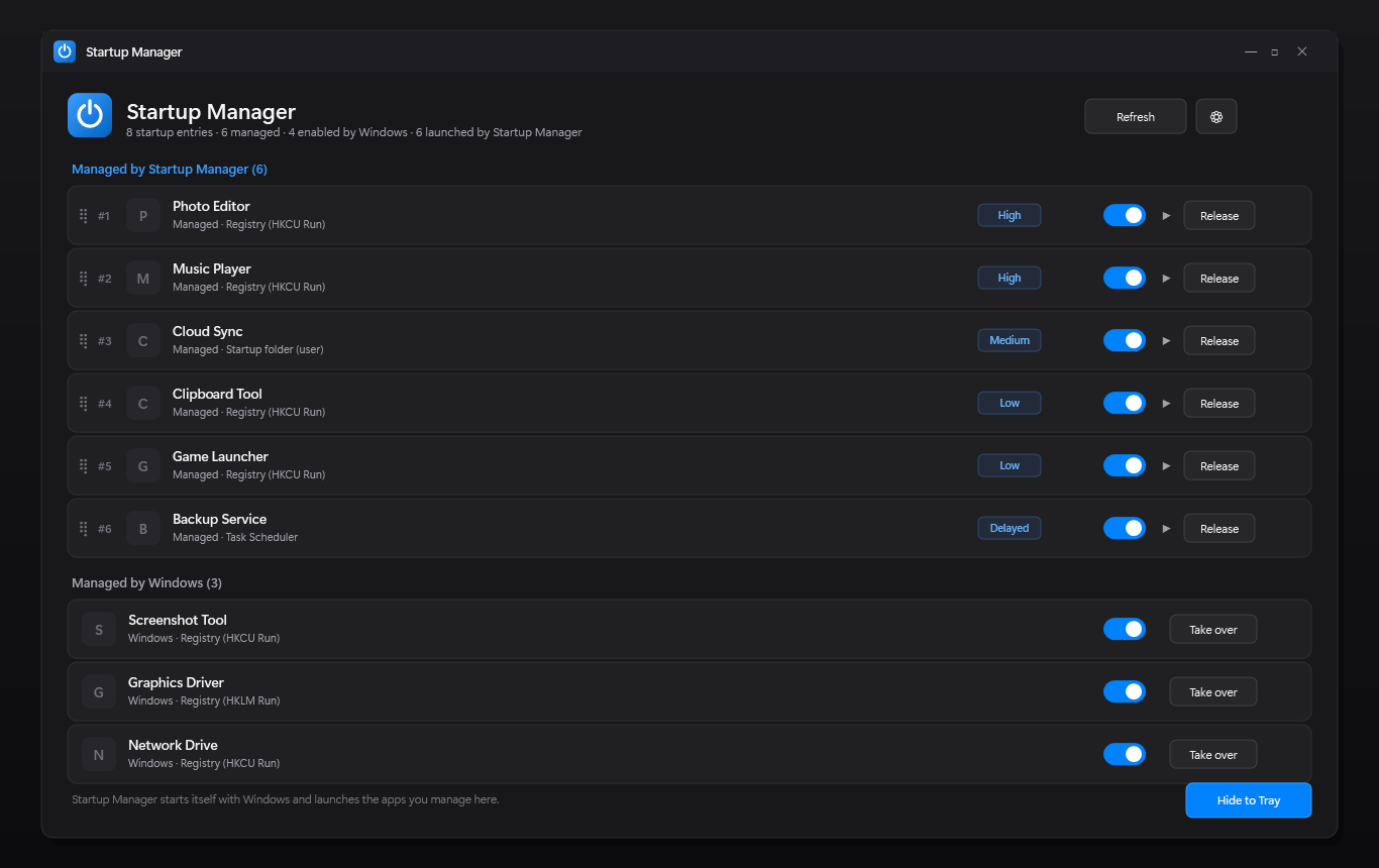 Startup Manager main window with managed and Windows-owned startup apps